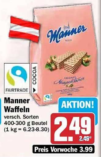 Manner Waffeln versch. Sorten 400-300 g Beutel (1 kg = 6.23-8.30)