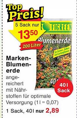 Marken-Blumenerde angereichert mit Nährstoffen für optimale Versorgung (1 l = 0,07)