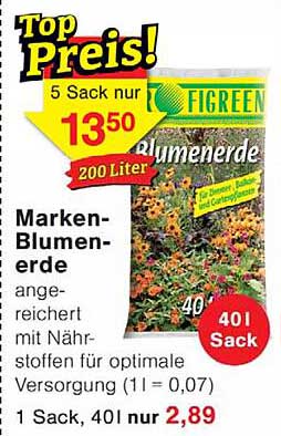 Marken-Blumenerde angereichert mit Nährstoffen für optimale Versorgung (1 l = 0,07)
