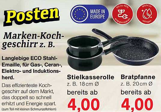 Marken-Kochgeschirr z. B. Stielkasserolle z. B. 18cm Ø Bratpfanne z. B. 20cm Ø bereits ab