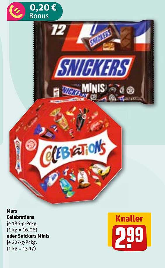 Mars Celebrations je 186-g-Packg. (1 kg = 16.08) oder Snickers Minis je 227-g-Packg. (1 kg = 13.17)