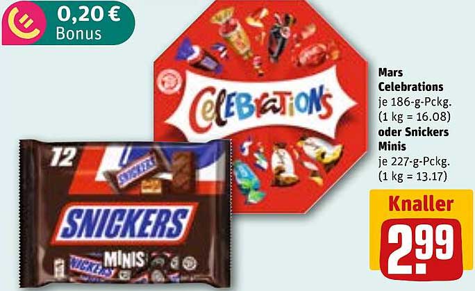 Mars Celebrations je 186-g-Pckg. (1 kg = 16.08) oder Snickers Minis je 227-g-Pckg. (1 kg = 13.17)
