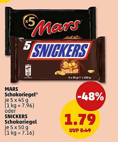 MARS Schokoriegel* je 5 x 45 g (1 kg = 7.96) oder SNICKERS Schokoriegel je 5 x 50 g (1 kg = 7.16)