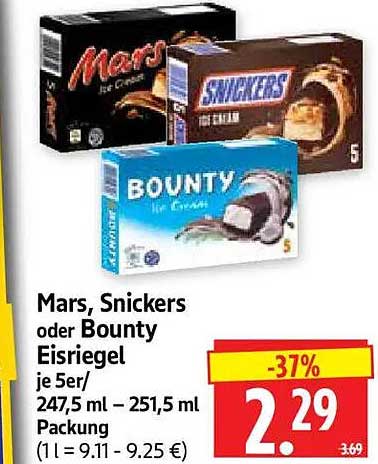 Mars, Snickers oder Bounty Eisriegel je 5er/247,5 ml – 251,5 ml Packung