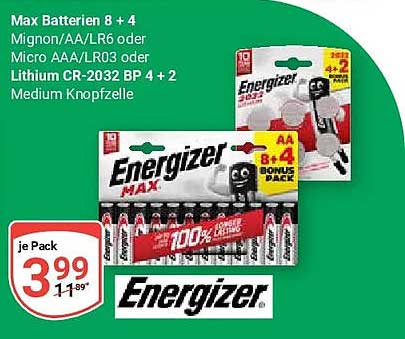 Max Batterien 8 + 4 Mignon/AA/LR6 oder Micro AAA/LR03 oder Lithium CR-2032 BP 4 + 2 Medium Knopfzelle