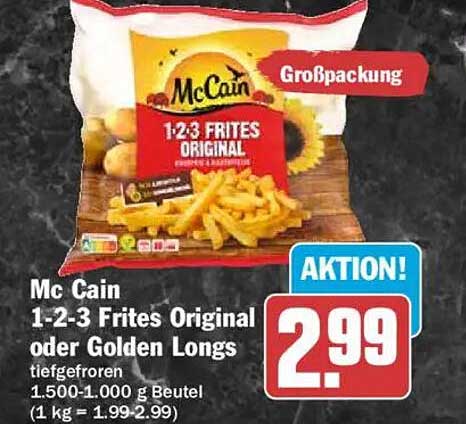 Mc Cain 1-2-3 Frites Original oder Golden Longs tiefgefroren 1.500-1.000 g Beutel (1 kg = 1.99-2.99)