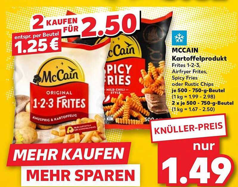 McCain Kartoffelprodukt Frites 1-2-3, Airfryer Frites, Spicy Fries oder Rustic Chips je 500 - 750-g-Beutel