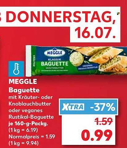 MEGGLE Baguette mit Kräuter- oder Knoblauchbutter oder veganes Rustikal-Baguette je 160-g-Pack. (1 kg = 6.19) Normpreis = 1.59 (1 kg = 9.94)