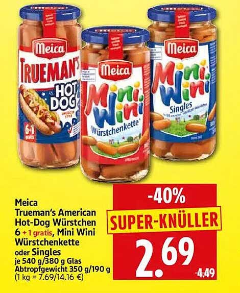Meica Trueman’s American Hot-Dog Würstchen 6 + 1 gratis, Mini Wini Würstchenkette oder Singles