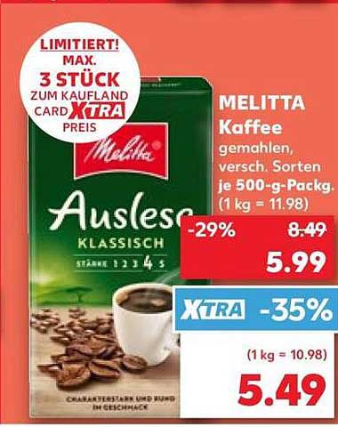 MELITTA Kaffee gemahlen, gem. Sorten je 500-g-Packg. (1 kg = 11.98)