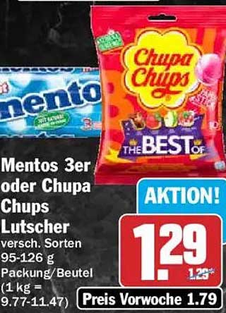 Mentos 3er oder Chupa Chups Lutscher verssch. Sorten 95-126 g Packung/Beutel (1 kg = 9.77-11.47)