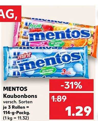 MENTOS Kaubonbons versch. Sorten je 3 Rollen = 114-g-Packg. (1 kg = 11.32)