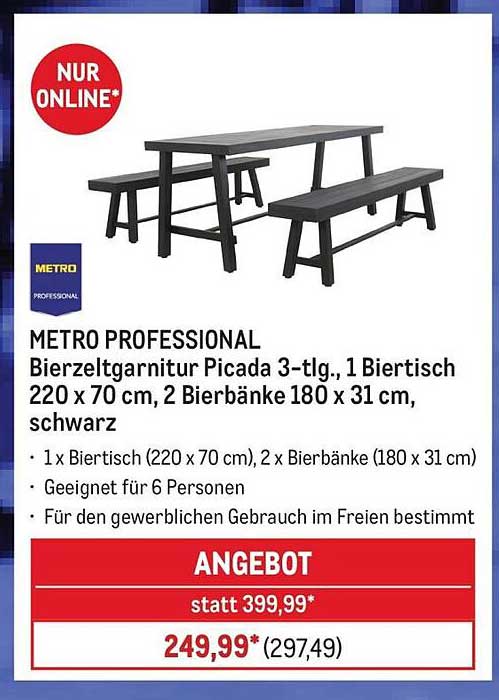 METRO PROFESSIONAL Bierzelgarnitur Picada 3-tlg., 1 Biertisch 220 x 70 cm, 2 Bierbänke 180 x 31 cm, schwarz