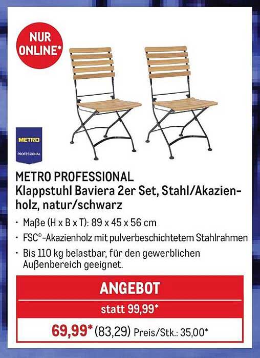 METRO PROFESSIONAL Klappstuhl Baviera 2er Set, Stahl/Akazienholz, natur/schwarz