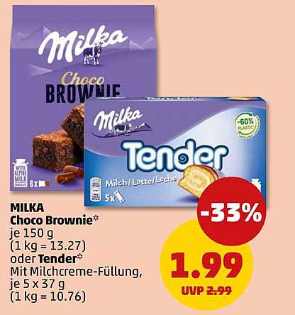 MILKA Choco Brownie* je 150 g (1 kg = 13,27) oder Tender* - Mit Milchcreme-Füllung, je 5 x 37 g (1 kg = 10,76)