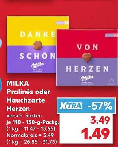MILKA Pralinés oder Hauchzarte Herzen versch. Sorten je 110 - 130-g-Packg. (1 kg = 11.47 - 13.55) Normalpreis 3.49 (1 kg = 26.85 - 31.73)