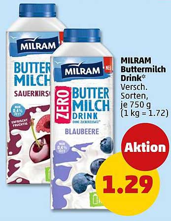 MILRAM Buttermilch Drink Versch. Sorten, je 750 g (1 kg = 1.72)