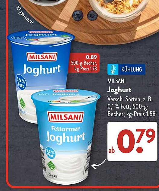 MILSANI Joghurt Versch. Sorten, z. B. 0,1 % Fett; 500-g-Becher; kg-Preis 1.58