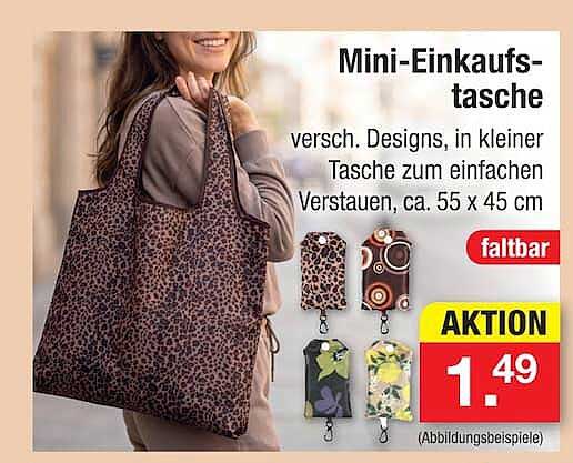 Mini-Einkaufstasche versch. Designs, in kleiner Tasche zum einfachen Verstauen, ca. 55 x 45 cm faltbar