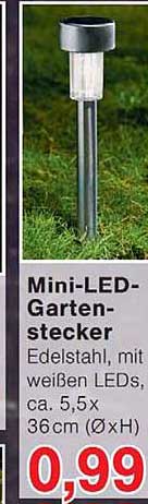 Mini-LED-Gartenstecker Edelstahl, mit weißen LEDs, ca. 5,5 x 36 cm (Ø x H)