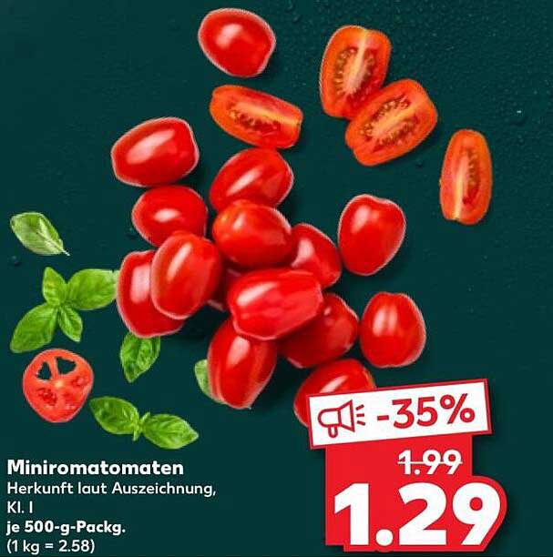 Miniromatomaten Herkunft laut Auszeichnung, Kl. I je 500-g-Packg. (1 kg = 2.58)