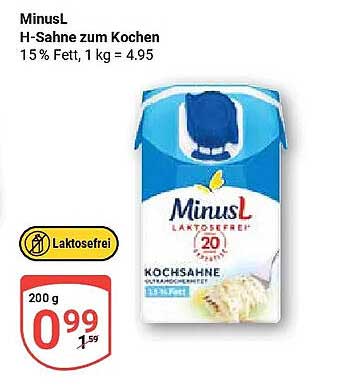 MinusL H-Sahne zum Kochen 15 % Fett, 1 kg = 4.95