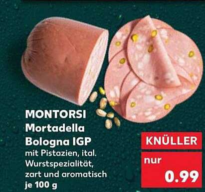 MONTORSI Mortadella Bologna IGP mit Pistazien, ital. Wurstspezialität, zart und aromatisch je 100 g