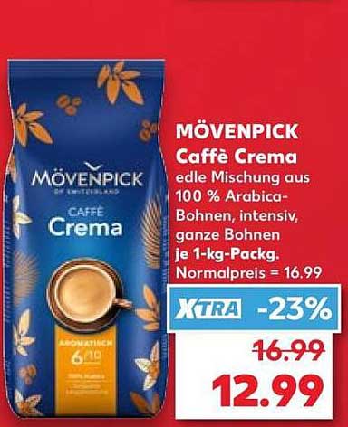 MÖVENPICK Caffè Crema edle Mischung aus 100 % Arabica-Bohnen, intensiv, ganze Bohnen je 1-kg-Packg.