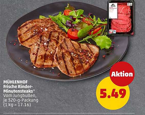 MÜHLENHOF Frische Rinder-Minutensteaks* Vom Jungbullen, je 320-g-Packung (1 kg = 17.16)