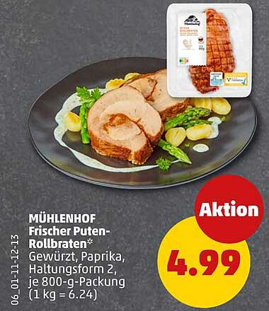 MÜHLENHOF Frischer Puten-Rollbraten* Gewürzt, Paprika, Halbstgform 2, je 800-g-Packung (1 kg = 6.24)
