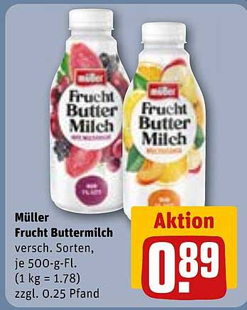Müller Frucht Buttermilch versch. Sorten, je 500-g-Fl. (1 kg = 1.78) zzgl. 0.25 Pfand