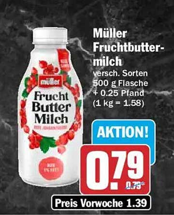 Müller Fruchtbuttermilch versch. Sorten 500 g Flasche + 0.25 Pfand (1 kg = 1.58)
