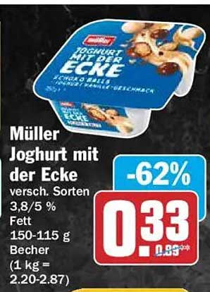 Müller Joghurt mit der Ecke versch. Sorten 3,8/5 % Fett 150-115 g Becher (1 kg = 2.20-2.87)