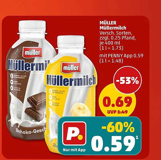 MÜLLER Müllermilch Versch. Sorten, zzgl. 0.25 Pfand, je 400 ml (1 l = 1.73) mit PENNY App