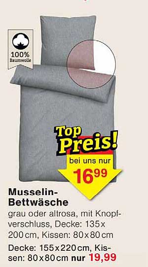 Musselin-Bettwäsche grau oder altrosa, mit Knopfverschluss, Decke: 135 x 200 cm, Kissen: 80x80 cm