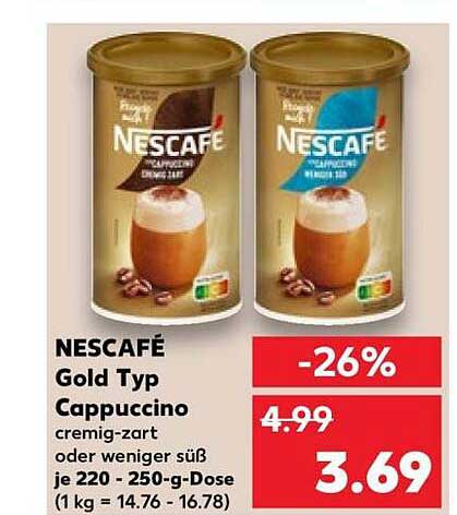NESCAFÉ Gold Typ Cappuccino cremig-zart oder weniger süß je 220 - 250-g-Dose (1 kg = 14.76 - 16.78)