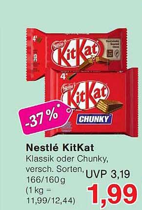 Nestlé KitKat Klassik oder Chunky, versch. Sorten, 166/160g