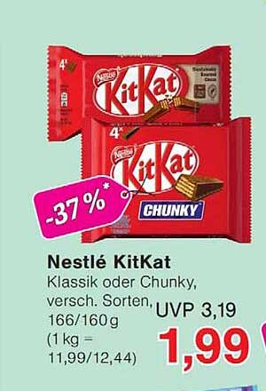 Nestlé KitKat Klassik oder Chunky, verschieden. Sorten, UVP 3,19