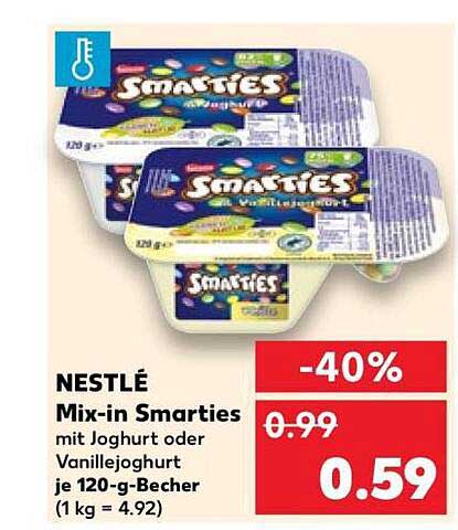 NESTLÉ Mix-in Smarties mit Joghurt oder Vanillejoghurt je 120-g-Becher (1 kg = 4.92)