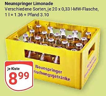 Neunspringer Limonade Verschiedene Sorten je 20 x 0,33 l-MW-Flasche, 1 l = 1.36 + Pfand 3.10