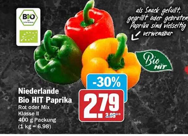 Niederlande Bio HIT Paprika Rot oder Mix Klasse II 400 g Packung (1 kg = 6,98)