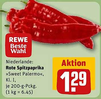 Niederlande: Rote Spitzpaprika »Sweet Palermo«, Kl. I, je 200-g-Pckg. (1 kg = 6.45)