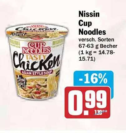 Nissin Cup Noodles versch. Sorten 67-63 g Becher (1 kg = 14.78-15.71)