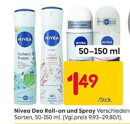 Nivea Deo Roll-on und Spray Verschieden Sorten, 50-150 ml. (Vgl.preis 9,93-29,80/l).