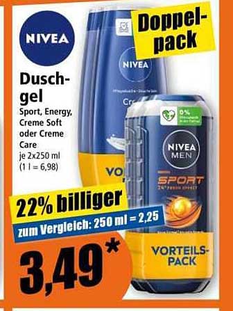 NIVEA Duschgel Sport, Energy, Creme Soft oder Creme Care je 2x250 ml (1 l = 6,98) Doppelpack