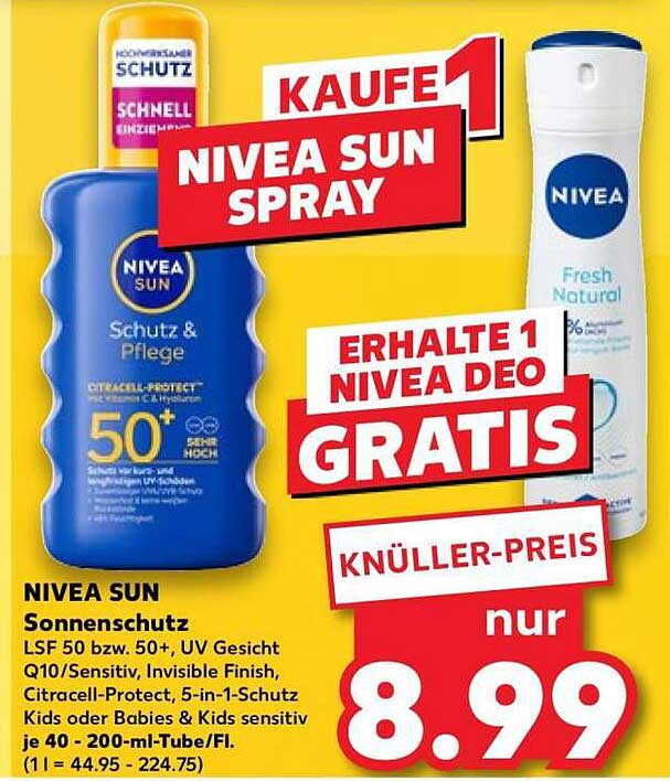 NIVEA SUN Sonnenschutz LSF 50 bzw. 50+, UV Gesicht Q10/Sensitiv, Invisible Finish, Citracell-Protect, 5-in-1-Schutz Kids oder Babies & Kids sensitiv je 40-200-ml-Tube/Fl.