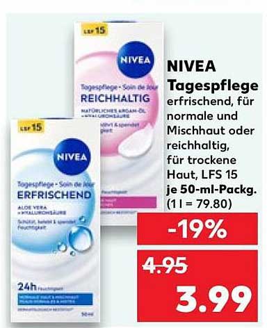 NIVEA Tagespflege erfrischend, für normale und Mischhaut oder reichhaltig, für trockene Haut, LSF 15 je 50-ml-Packg. (1 l = 79.80)