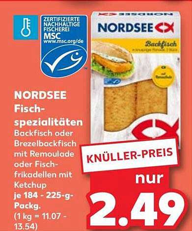 NOR DSEE Fischspezialitäten Backfisch oder Brezelbackfisch mit Remoulade oder Fischfrikadellen mit Ketchup je 184 - 225-g-Packg. (1 kg = 11.07 - 13.54)
