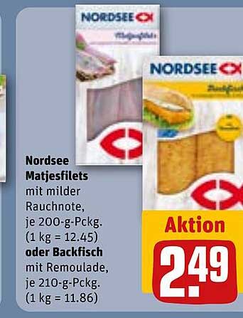 Nordsee Matjesfilets mit milder Rauchnote, je 200-g-Pckg. (1 kg = 12.45) oder Backfisch mit Remoulade, je 210-g-Pckg. (1 kg = 11.86)
