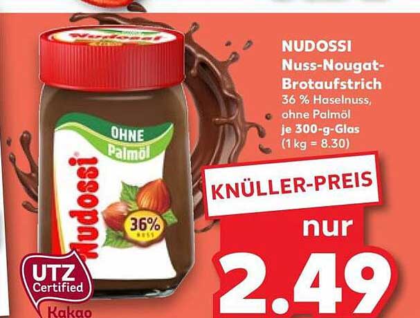 NUDOSSI Nuss-Nougat-Brotaufstrich 36 % Haselnuss, ohne Palmöl je 300-g-Glas (1 kg = 8.30)